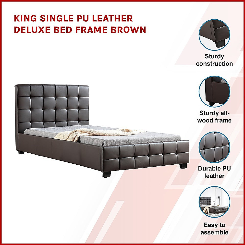 King Single PU Leather Deluxe Bed Frame Brown-Furniture > Bedroom-PEROZ Accessories