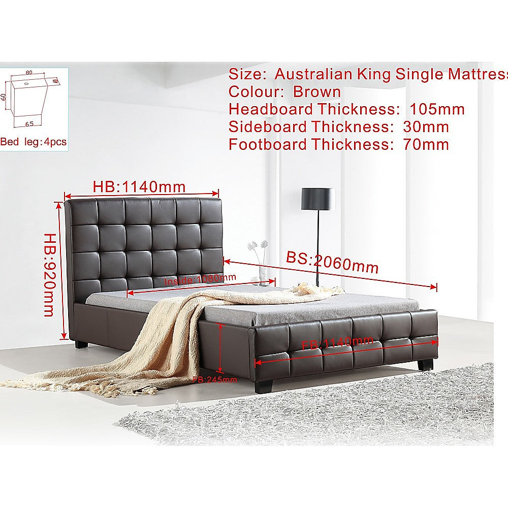 King Single PU Leather Deluxe Bed Frame Brown-Furniture > Bedroom-PEROZ Accessories