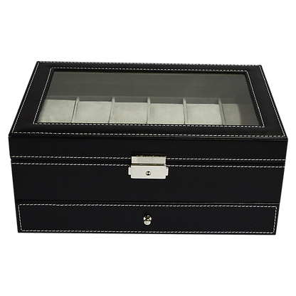12 Grids Watch Display Case Leather jewellery Storage Box Organiser Lock Key-Watch Accessories-PEROZ Accessories