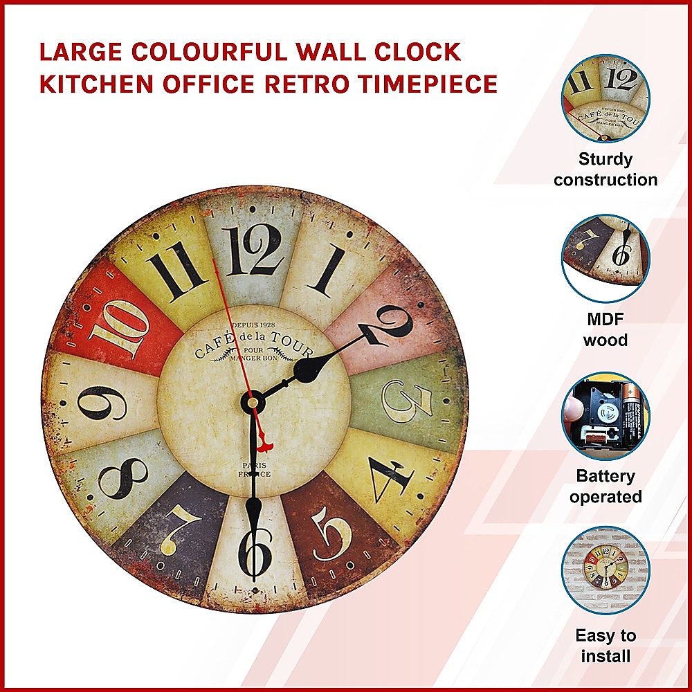 Large Colourful Wall Clock Kitchen Office Retro Timepiece-Home & Garden > Decor-PEROZ Accessories