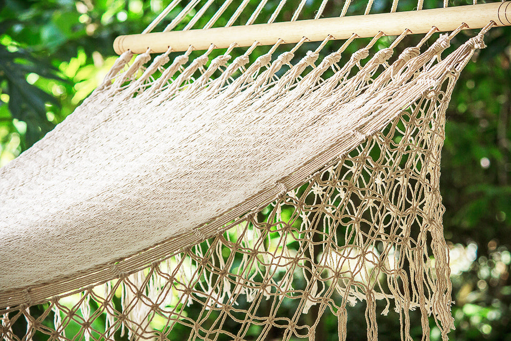 Mayan Legacy Queen Size Outdoor Cotton Mexican Resort Hammock With Fringe in Cream Colour-Hammock-PEROZ Accessories