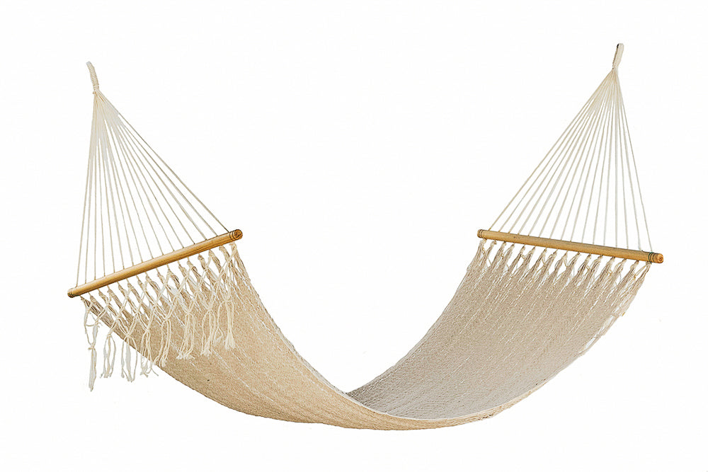 Mayan Legacy Queen Size Outdoor Cotton Mexican Resort Hammock With Fringe in Cream Colour-Hammock-PEROZ Accessories