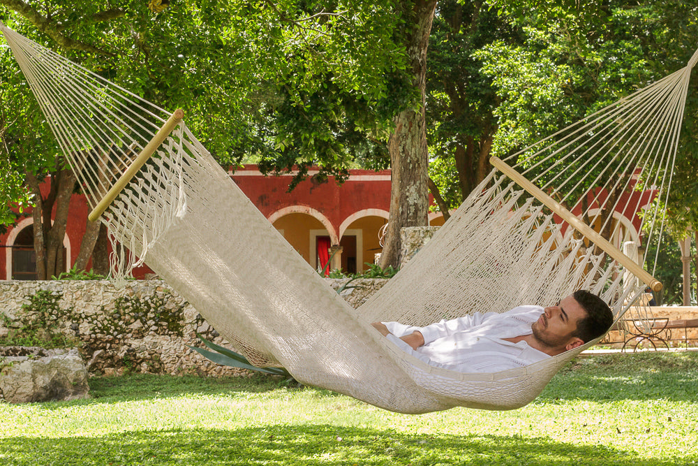 Mayan Legacy Queen Size Outdoor Cotton Mexican Resort Hammock With Fringe in Cream Colour-Hammock-PEROZ Accessories