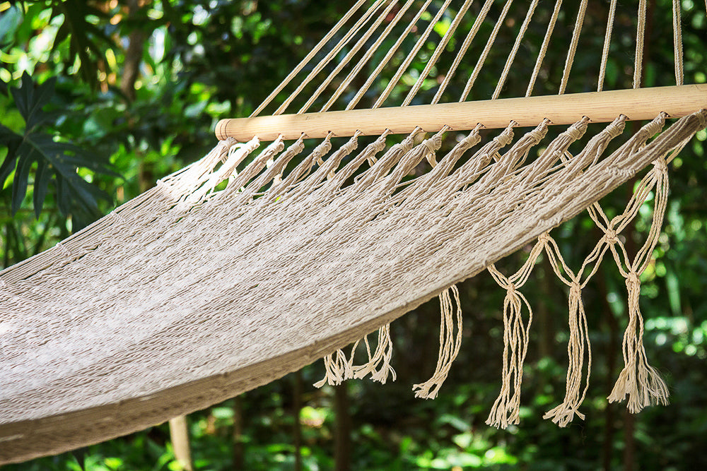Mayan Legacy Queen Size Outdoor Cotton Mexican Resort Hammock With Fringe in Cream Colour-Hammock-PEROZ Accessories