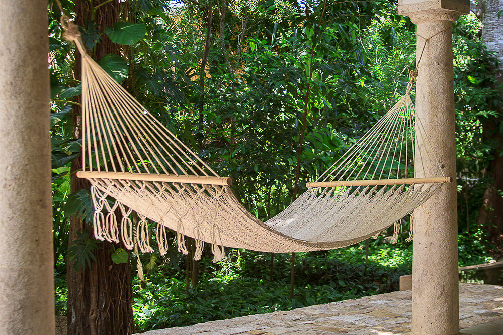 Mayan Legacy Queen Size Outdoor Cotton Mexican Resort Hammock With Fringe in Cream Colour-Hammock-PEROZ Accessories