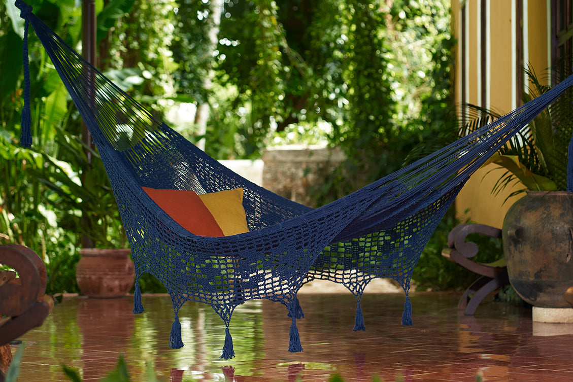 Outdoor undercover cotton Mayan Legacy hammock with hand crocheted tassels King Size Blue-Hammock-PEROZ Accessories