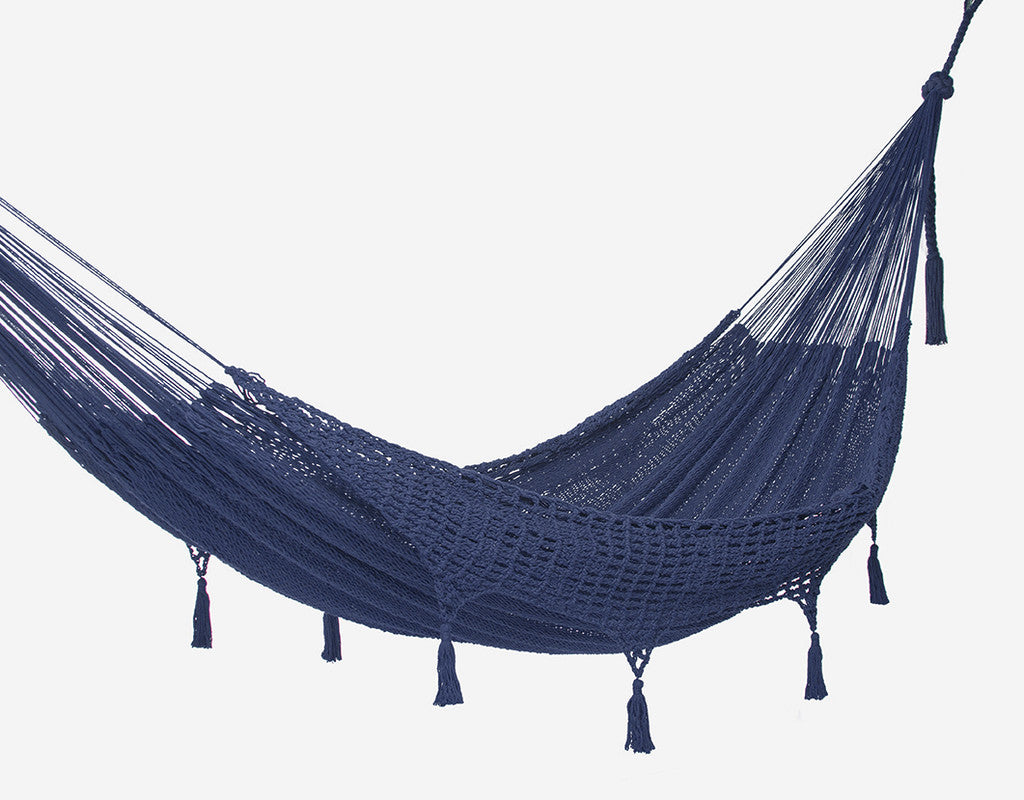 Outdoor undercover cotton Mayan Legacy hammock with hand crocheted tassels King Size Blue-Hammock-PEROZ Accessories