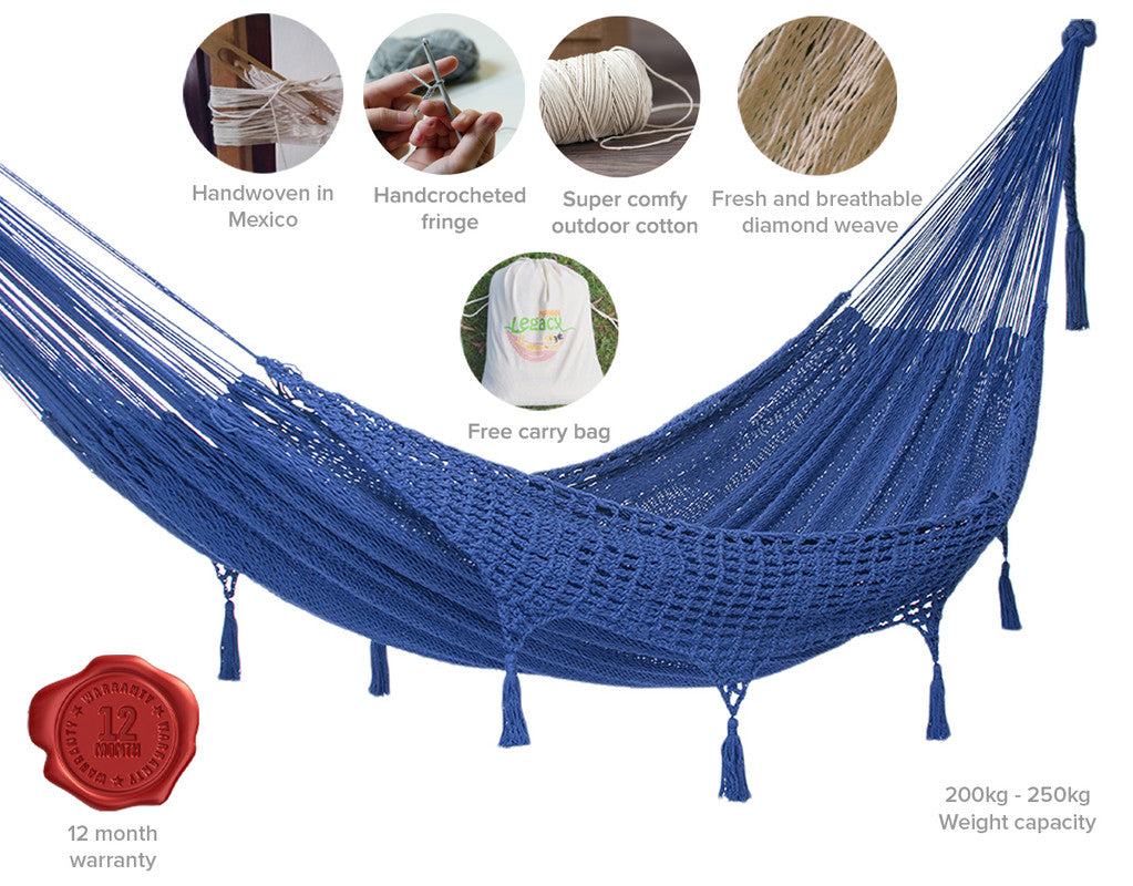 Outdoor undercover cotton Mayan Legacy hammock with hand crocheted tassels King Size Blue-Hammock-PEROZ Accessories