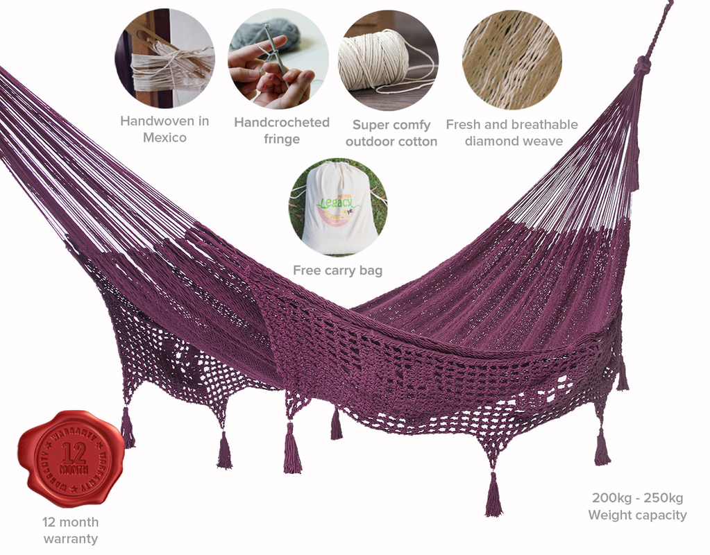 Outdoor undercover cotton Mayan Legacy hammock with hand crocheted tassels King Size Maroon-Hammock-PEROZ Accessories
