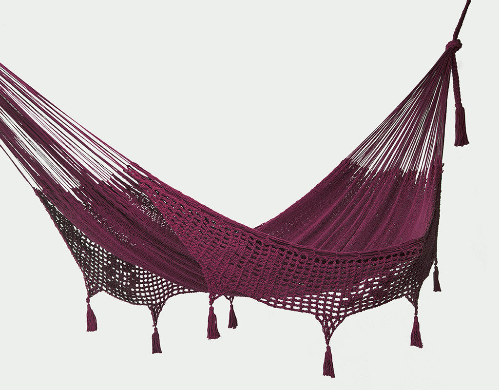 Outdoor undercover cotton Mayan Legacy hammock with hand crocheted tassels King Size Maroon-Hammock-PEROZ Accessories