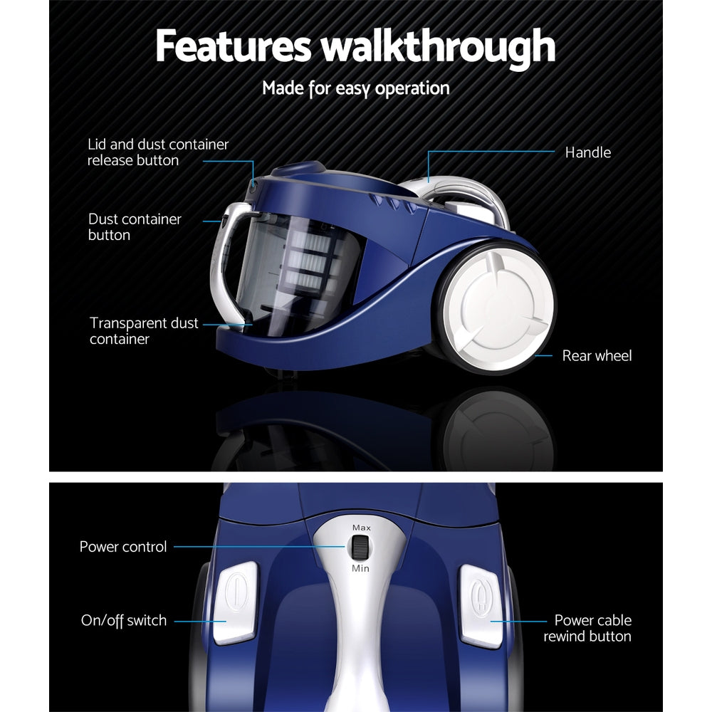 Devanti Vacuum Cleaner Bagless Cyclone Cyclonic Vac Home Office Car 2200W Blue-Appliances > Vacuum Cleaners-PEROZ Accessories