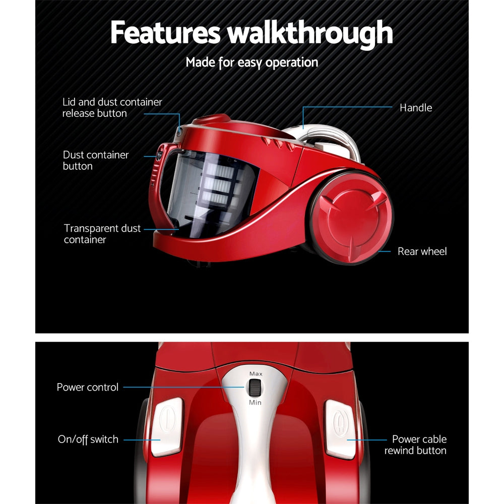 Devanti Bagless Vacuum Cleaner Cleaners Cyclone Cyclonic Vac HEPA Filter Car Home Office 2200W Red-Appliances > Vacuum Cleaners-PEROZ Accessories