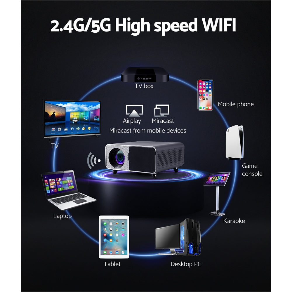 Devanti 2.4G/5G Wifi Video Projector 4K 1080P Home Cinema Screen Cast HDMI-Audio & Video > Projectors & Accessories-PEROZ Accessories