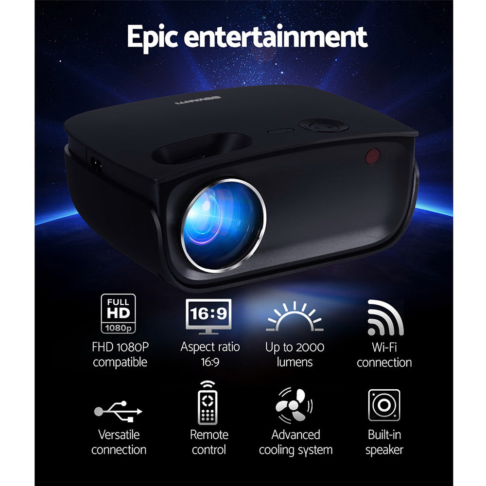 Devanti Mini Video Projector Wifi USB HDMI Portable 2000 Lumens HD 1080P Home in Black-Video Projectors-PEROZ Accessories