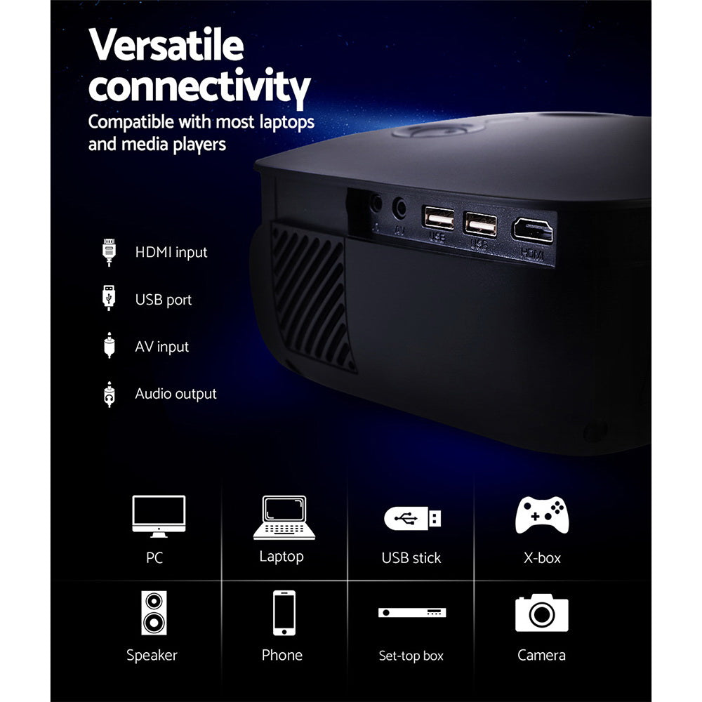 Devanti Mini Video Projector Wifi USB HDMI Portable 2000 Lumens HD 1080P Home in Black-Video Projectors-PEROZ Accessories