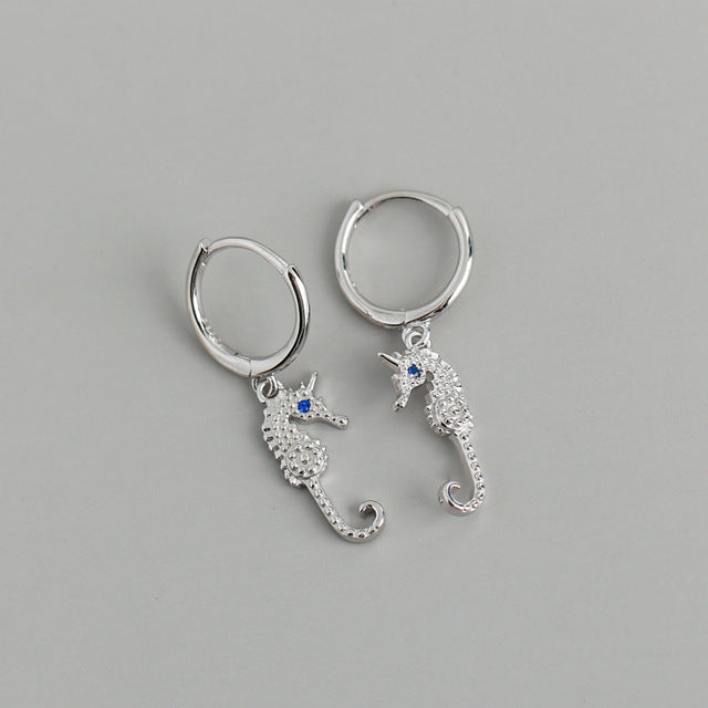Anyco Earrings Sterling Silver Punk Blue Zircon Seahorse Stud For Women Teen Fashion Stylish Accessories Jewelry Gifts-Earrings-PEROZ Accessories