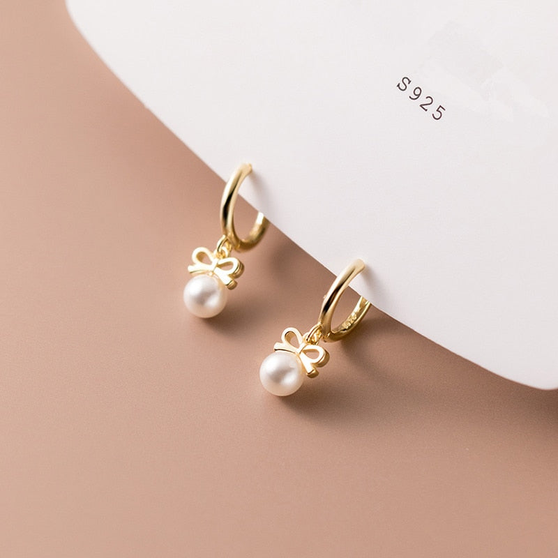 Anyco Fashion Earrings Sterling Silver Cute Butterfly Synthetic Pearl Pendant Drop Charm Gold Plated Huggies Jewelry For Women-Earrings-PEROZ Accessories