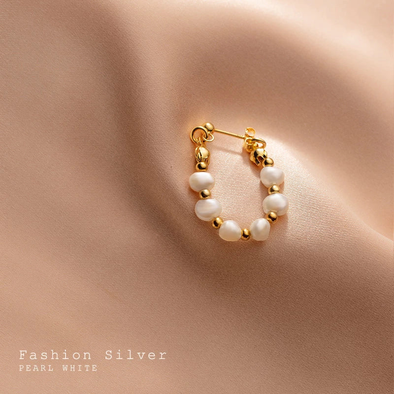 Anyco Fashion Earrings Gold 925 Sterling Silver Bohemian Freshwater Baroque Pearl Circle Huggies for Women 18k Jewelry-Earrings-PEROZ Accessories