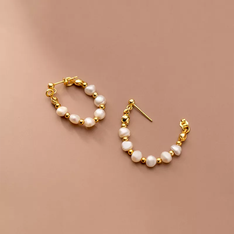 Anyco Fashion Earrings Gold 925 Sterling Silver Bohemian Freshwater Baroque Pearl Circle Huggies for Women 18k Jewelry-Earrings-PEROZ Accessories