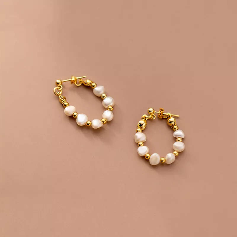 Anyco Fashion Earrings Gold 925 Sterling Silver Bohemian Freshwater Baroque Pearl Circle Huggies for Women 18k Jewelry-Earrings-PEROZ Accessories