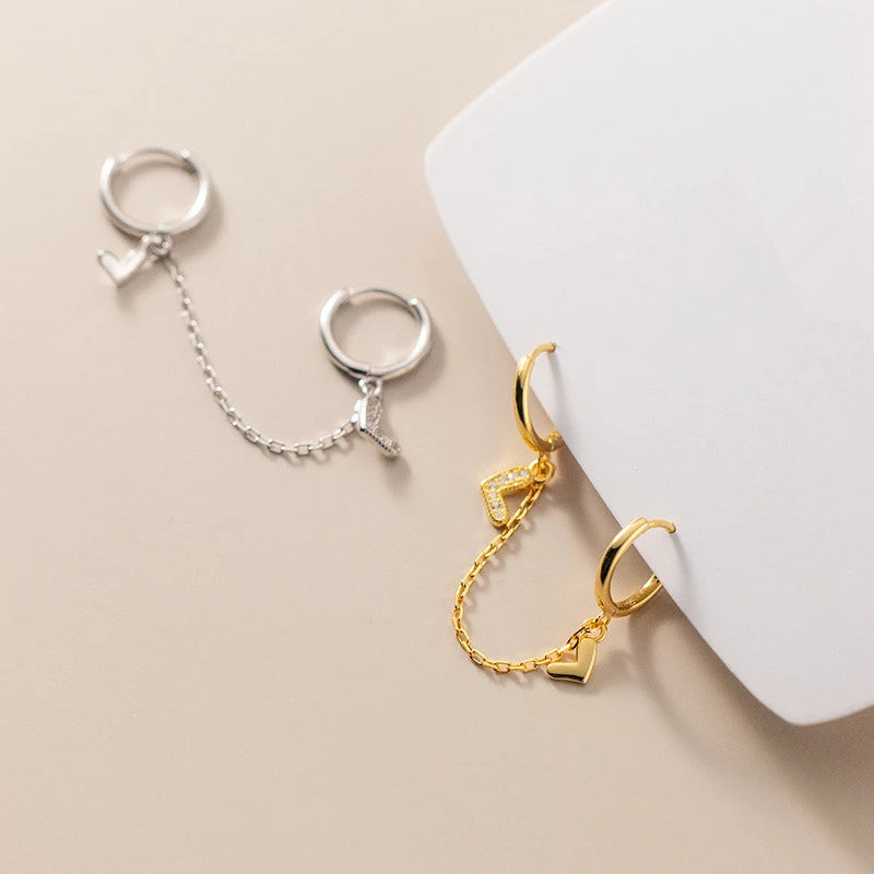 Anyco Fashion Earrings Gold 925 Sterling Silver Unique Love Heart Chain Charm for Women Bohemian Fine Party Ear Buckle Jewelry-Earrings-PEROZ Accessories