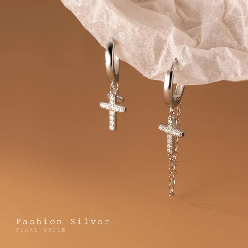 Anyco Fashion Earrings Silver 925 Sterling Vintage Punk Cuban Link Chain Cross Pendant Huggie for Men Women CZ Zircon Jewelry-Earrings-PEROZ Accessories