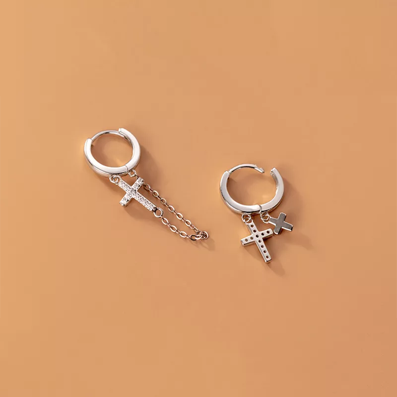 Anyco Fashion Earrings Silver 925 Sterling Vintage Punk Cuban Link Chain Cross Pendant Huggie for Men Women CZ Zircon Jewelry-Earrings-PEROZ Accessories