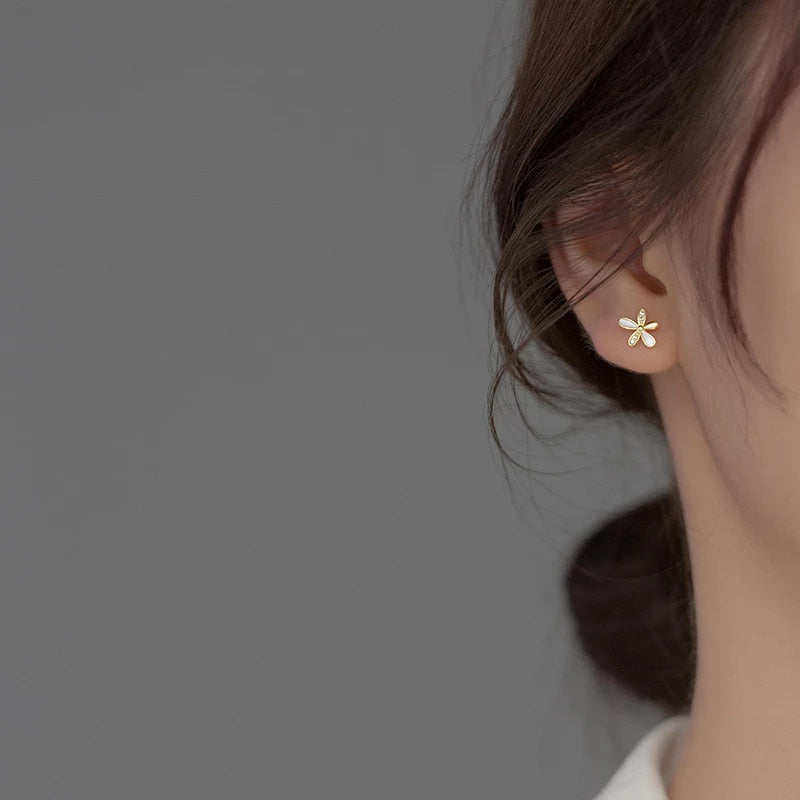 Anyco Fashion Earrings Gold 925 Sterling Silver Romantic White Enamel Cute Gold Flower Stud for Women Jewelry Gift-Earrings-PEROZ Accessories