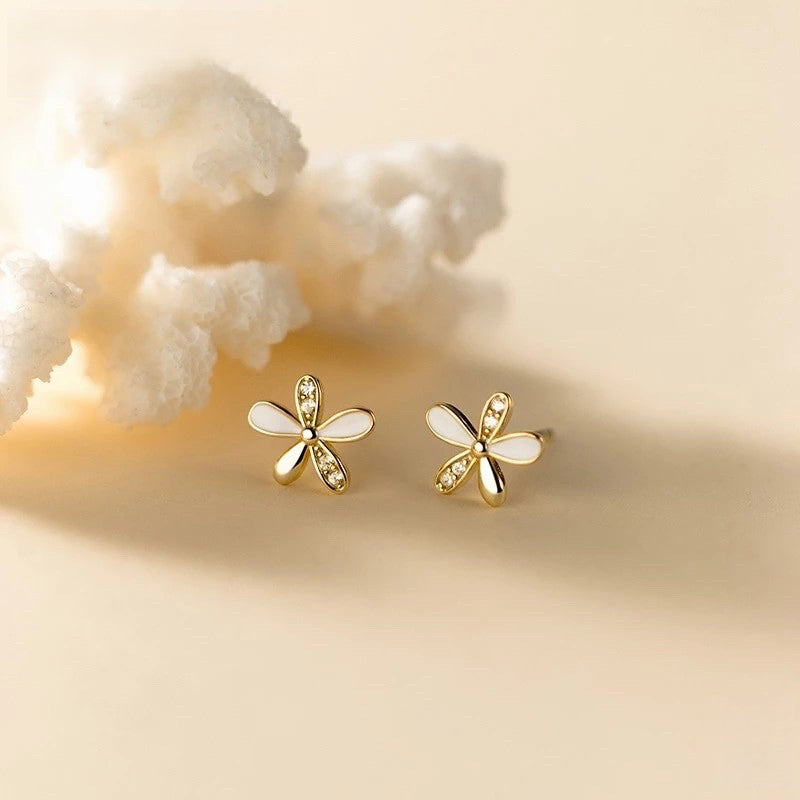 Anyco Fashion Earrings Gold 925 Sterling Silver Romantic White Enamel Cute Gold Flower Stud for Women Jewelry Gift-Earrings-PEROZ Accessories