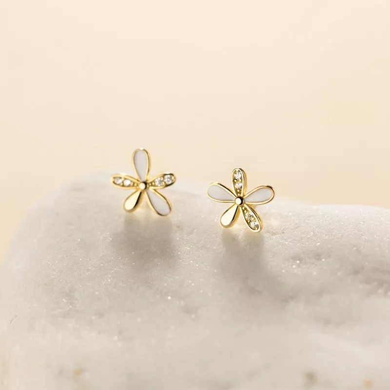 Anyco Fashion Earrings Gold 925 Sterling Silver Romantic White Enamel Cute Gold Flower Stud for Women Jewelry Gift-Earrings-PEROZ Accessories