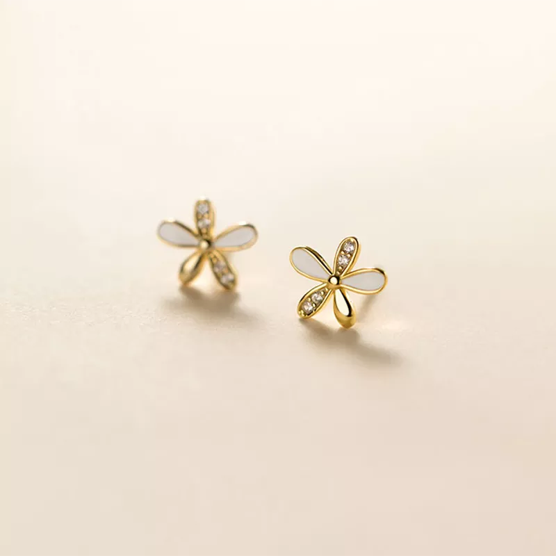 Anyco Fashion Earrings Gold 925 Sterling Silver Romantic White Enamel Cute Gold Flower Stud for Women Jewelry Gift-Earrings-PEROZ Accessories