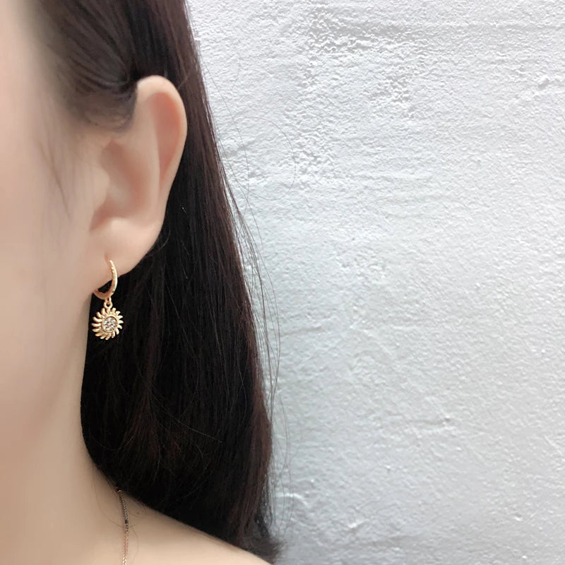 Anyco Earrings Gold Plated Rock Punk Round Zircon Sunflower Stud For Women Girl Teen Elegant Perfect Fashion Stylish Accessories Jewelry Gifts-Earrings-PEROZ Accessories