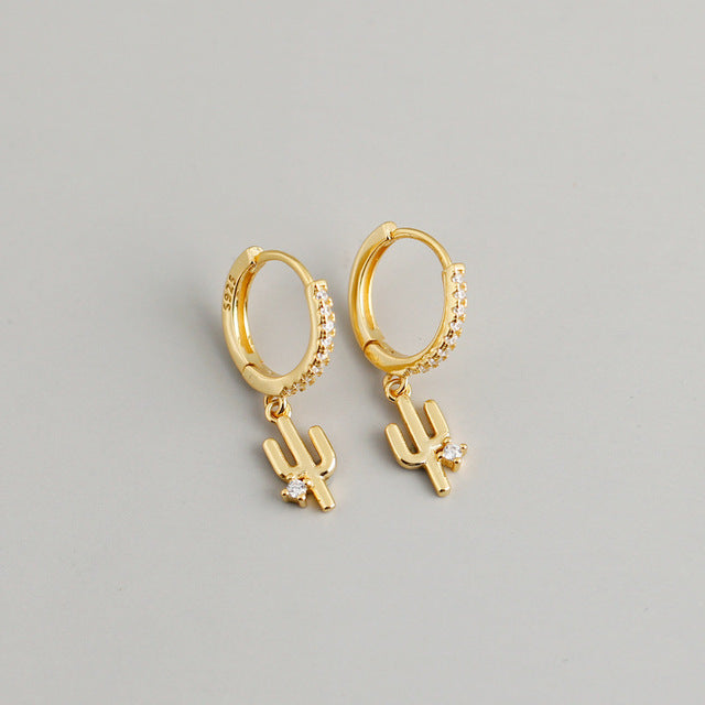 Anyco Earrings Gold Plated Luxury Pave Round Cactus Hanging Stud For Women Girl Teen Elegant Fashion Stylish Accessories Jewelry Gifts-Earrings-PEROZ Accessories