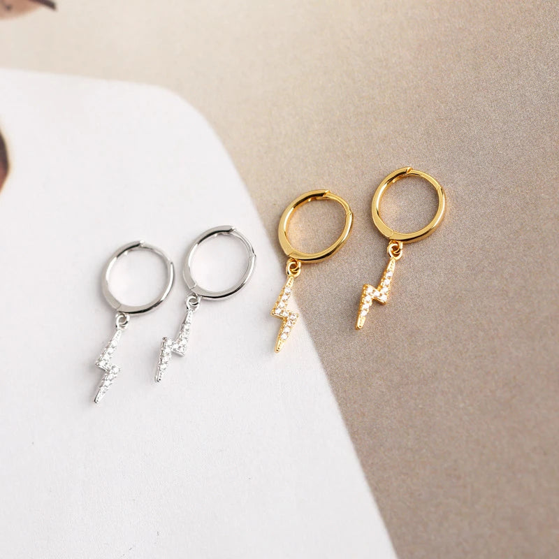 Anyco Earrings Buckle Punk Lightning Pierce White Zircon Charms Goth Hoop For Women Party Jewelry Gold-Earrings-PEROZ Accessories