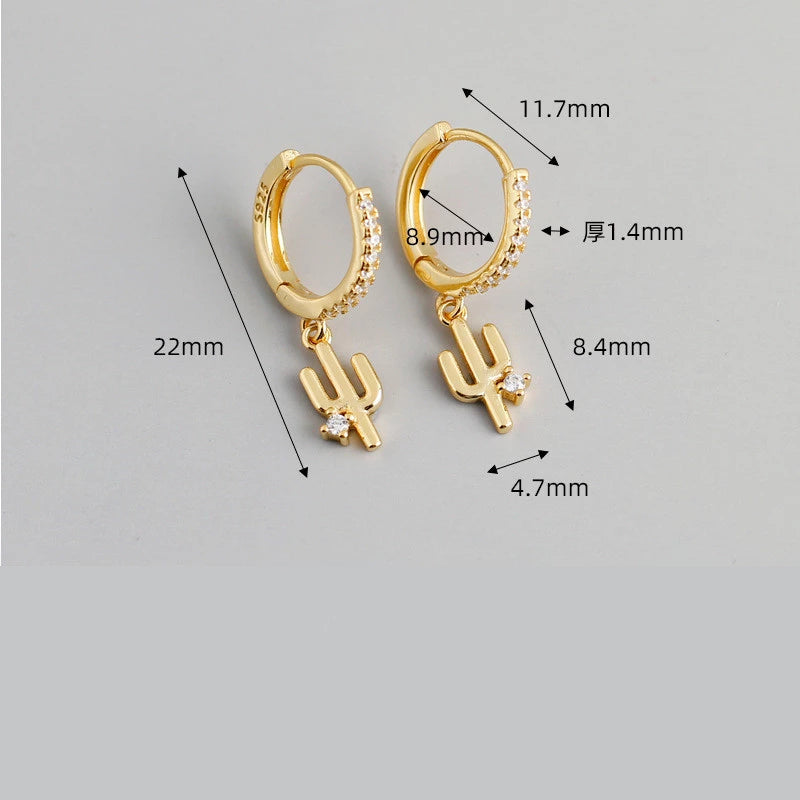 Anyco Earrings Gold Plated Luxury Pave Round Cactus Hanging Stud For Women Girl Teen Elegant Fashion Stylish Accessories Jewelry Gifts-Earrings-PEROZ Accessories