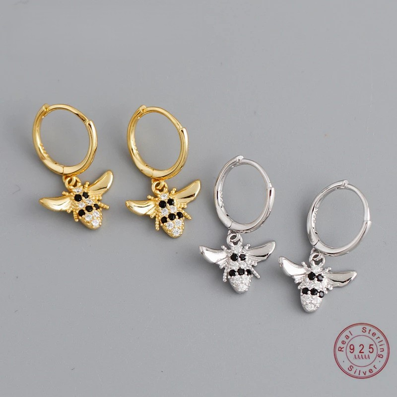 Anyco Earrings Sterling Silver Punk Black Zircon 3D Bee Pendant Ear Buckle For Women Girl Teen Chic Fashion Stylish Accessories Jewelry Gifts-Earrings-PEROZ Accessories