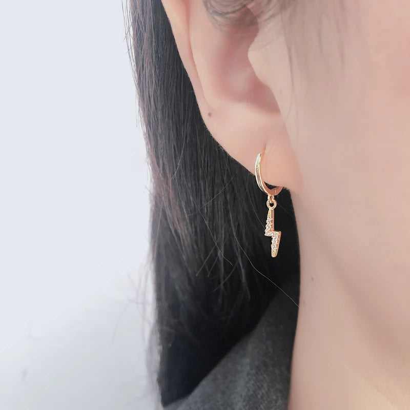 Anyco Earrings Buckle Punk Lightning Pierce White Zircon Charms Goth Hoop For Women Party Jewelry Gold-Earrings-PEROZ Accessories