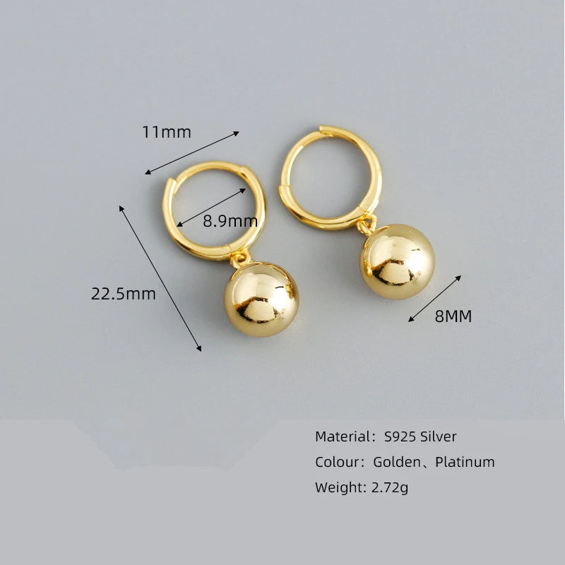 Anyco Earrings Gold Plated Minimalist 8mm Round Bead Pendant Stud For Women Girl Teen Chic Fashion Stylish Accessories Jewelry Gifts-Earrings-PEROZ Accessories