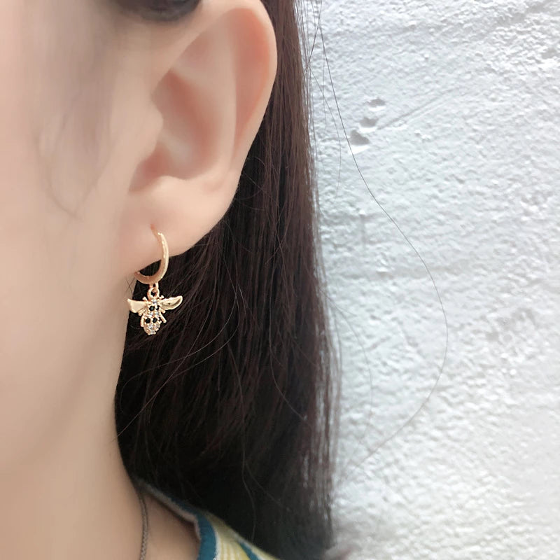 Anyco Earrings Sterling Silver Punk Black Zircon 3D Bee Pendant Ear Buckle For Women Girl Teen Chic Fashion Stylish Accessories Jewelry Gifts-Earrings-PEROZ Accessories