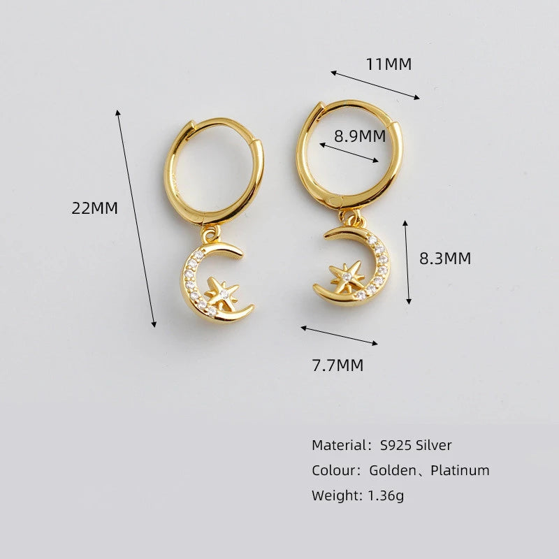 Anyco Earrings Sterling Silver Creative Pave Zircon Star Moon Pendant Ear For Women Girl Teen Chic Fashion Stylish Accessories Jewelry Gifts-Earrings-PEROZ Accessories