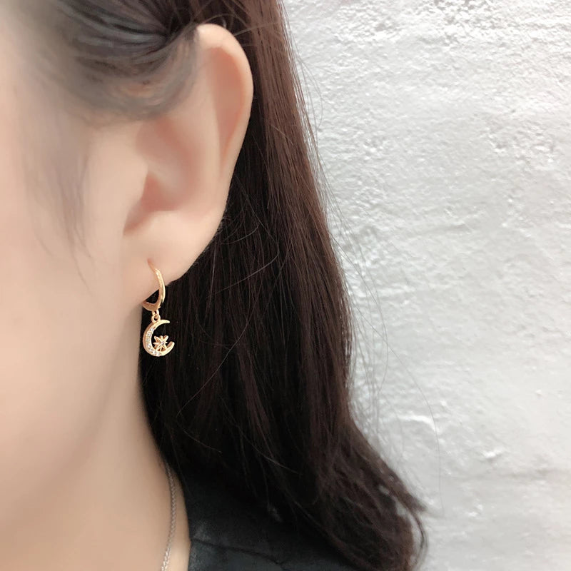 Anyco Earrings Sterling Silver Creative Pave Zircon Star Moon Pendant Ear For Women Girl Teen Chic Fashion Stylish Accessories Jewelry Gifts-Earrings-PEROZ Accessories