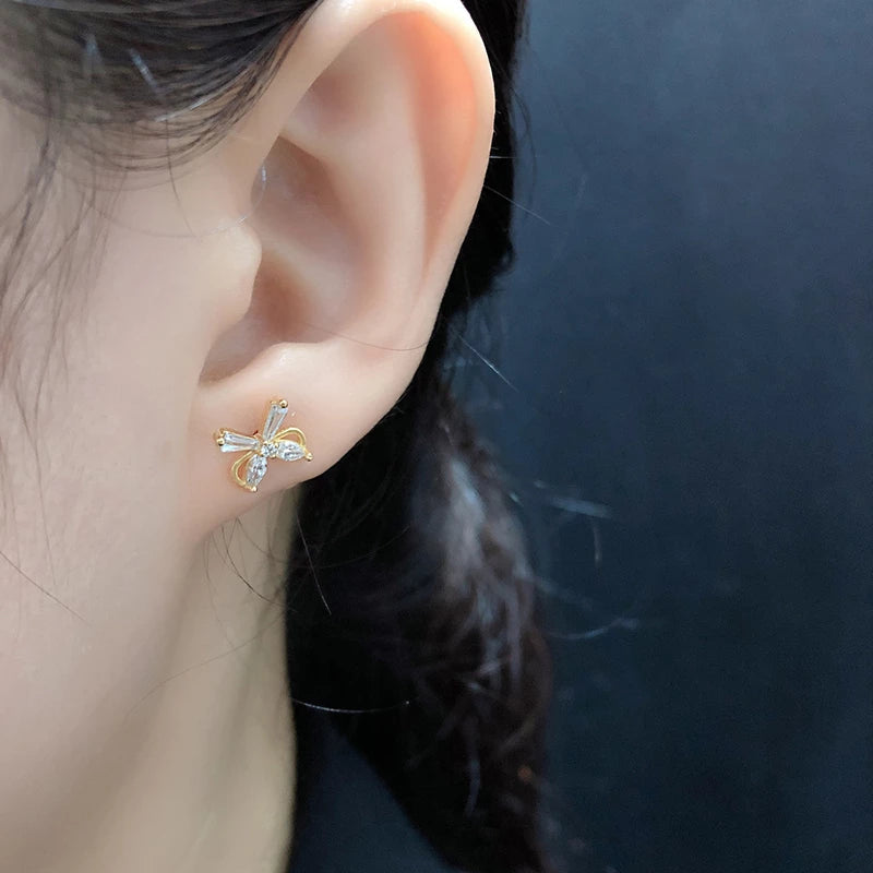 Anyco Earrings Sterling Silver European Romantic Bow Zirconia Spiral Bead Stud For Women Teen Fashion Stylish Accessories Jewelry Gifts-Earrings-PEROZ Accessories