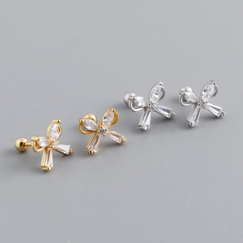 Anyco Earrings Sterling Silver European Romantic Bow Zirconia Spiral Bead Stud For Women Teen Fashion Stylish Accessories Jewelry Gifts-Earrings-PEROZ Accessories