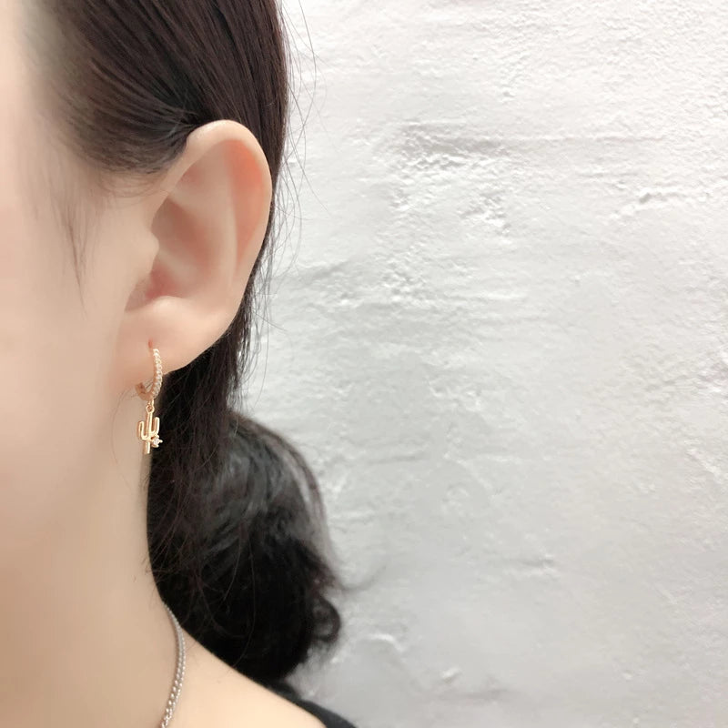 Anyco Earrings Gold Plated Luxury Pave Round Cactus Hanging Stud For Women Girl Teen Elegant Fashion Stylish Accessories Jewelry Gifts-Earrings-PEROZ Accessories