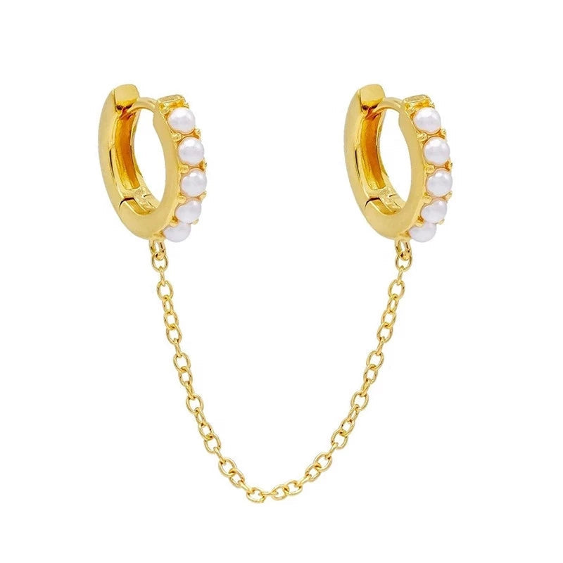 Anyco Earrings Gold Plated Pave Pearl Cuban Link Chain Tassel Stud For Women Girl Teen Perfect Fashion Stylish Accessories Jewelry Gifts-Earrings-PEROZ Accessories