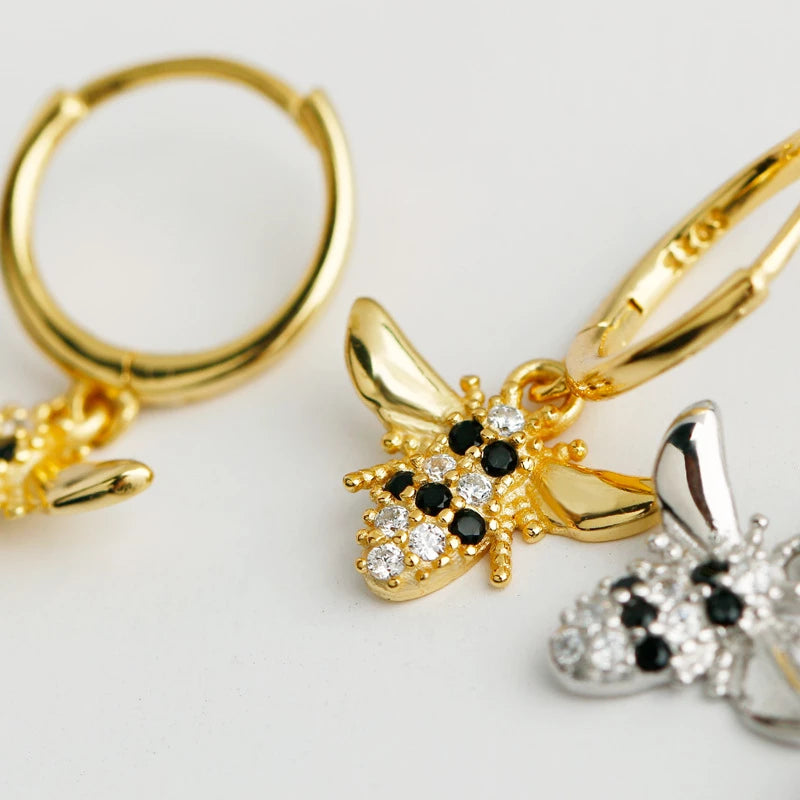 Anyco Earrings Gold Plated Punk Black Zircon 3D Bee Pendant Ear Buckle For Women Girl Teen Chic Fashion Stylish Accessories Jewelry Gifts-Earrings-PEROZ Accessories