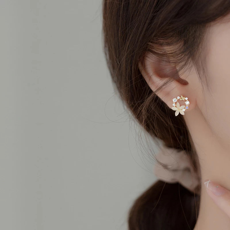 Anyco Fashion Earrings Gold 925 Sterling Silver Romantic Synthetic Opal Flower Stud Women Jewelry-Earrings-PEROZ Accessories