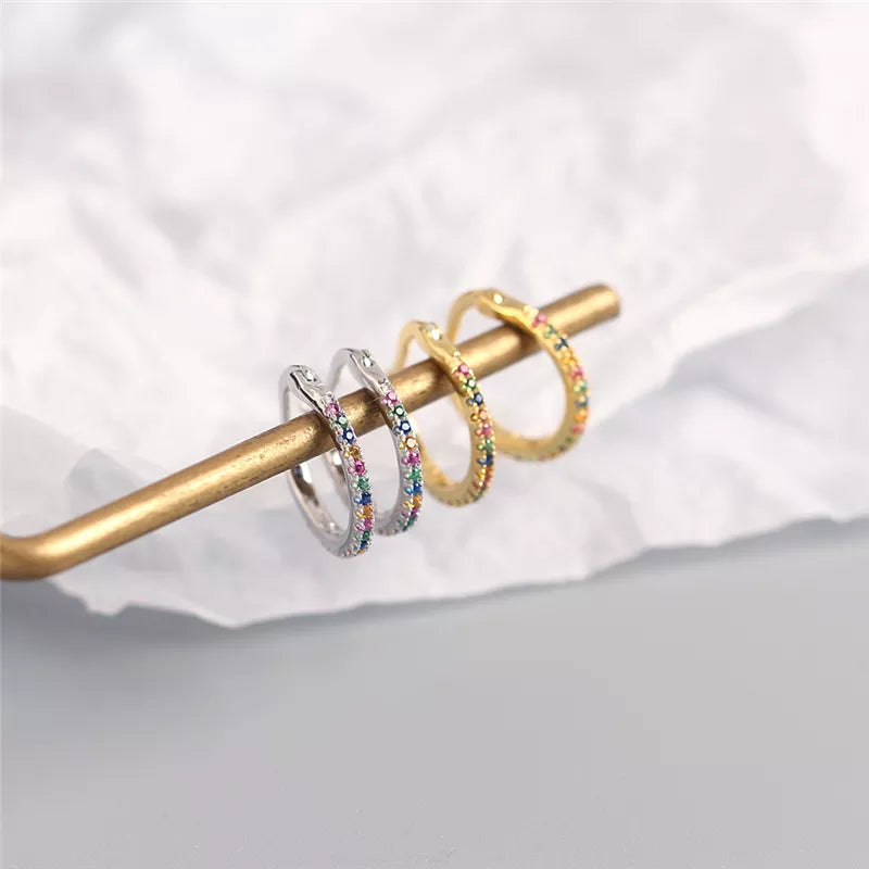 Anyco Earrings Sterling Silver Minimalist Round Rainbow CZ Zircon Hoops Crystal Huggies For Women Girl Fashion Stylish Accessories Jewelry Gifts-Earrings-PEROZ Accessories