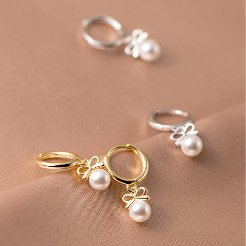 Anyco Fashion Earrings Sterling Silver Cute Butterfly Synthetic Pearl Pendant Drop Charm Gold Plated Huggies Jewelry For Women-Earrings-PEROZ Accessories