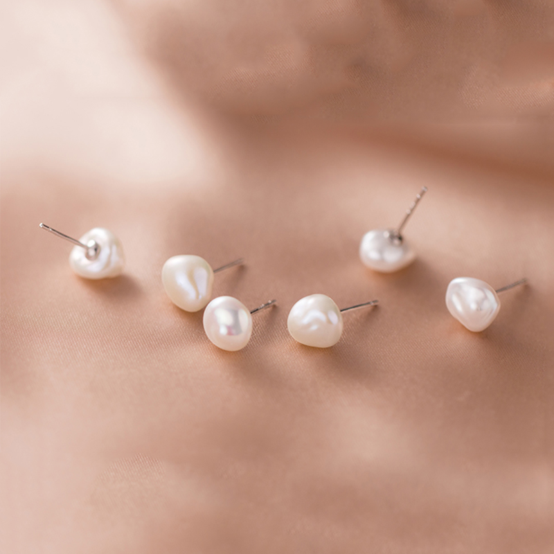 Anyco Fashion Earrings Genuine Sterling Silver Natural Baroque Geometric Irregular Pearl Stud for Women Girl Office Jewelry Gift-Earrings-PEROZ Accessories
